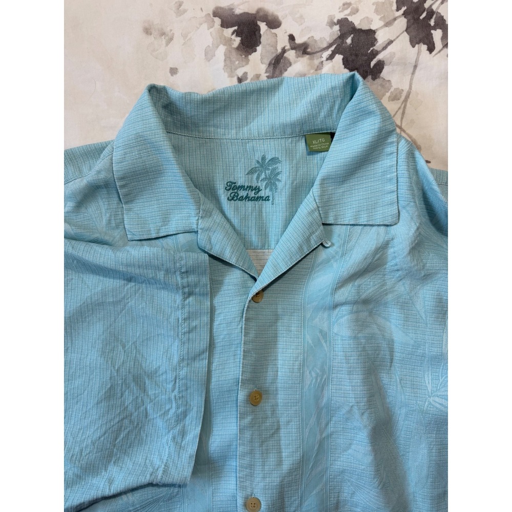 Tommy Bahama Mens XL Light Blue 100% Silk Jacquard Palm Leaf Camp Shirt Tiffany